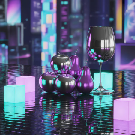 Metallic apples and pears arranged with a wine glass on a reflective surface. Glowing cyan and magenta cubes surround the objects against a blurred neon city background.の素材