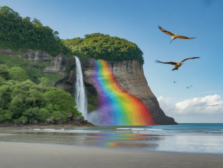 Majestic Waterfall with Rainbow and Soaring Birds Over a Tropical Beachの素材