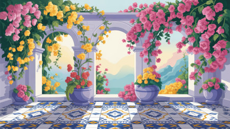 A Mediterranean balcony with arched openings overlooks a mountain landscape. Pink and yellow flowers cascade over white architectural elements.の素材