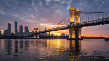A grand suspension bridge spans a calm river at sunset, reflecting the city skyline and vibrant sky.の素材