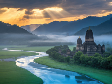 Majestic Temple Amidst Misty Mountains and Winding River at Sunriseの素材