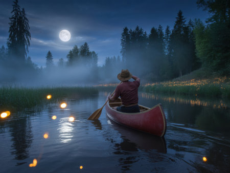 A man in a canoe paddles on a misty lake under a full moon, with glowing lights scattered on the water.の素材