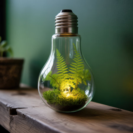 A miniature terrarium with ferns and moss inside a glass light bulb, illuminated from within.の素材