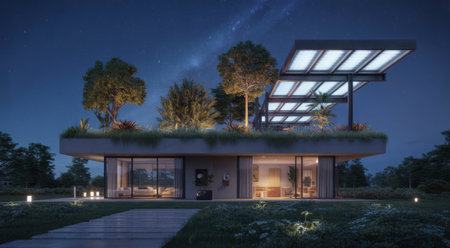 Modern Luxury Home with Rooftop Garden and Starry Night Skyの素材