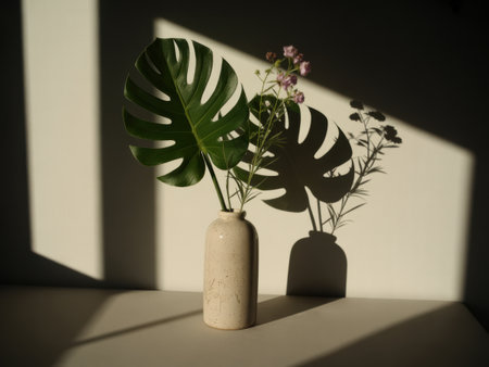 A monstera leaf and delicate flowers in a ceramic vase cast dramatic shadows on a wall.の素材