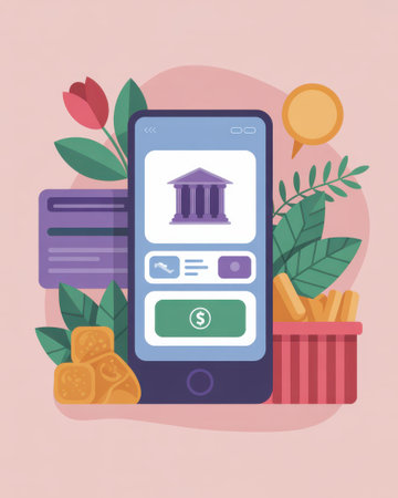A smartphone displays a banking app with a bank icon, credit card, and food items, symbolizing financial transactions.の素材