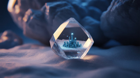 Miniature Cityscape Encased in a Crystal Prism on a Snowy Landscapeの素材
