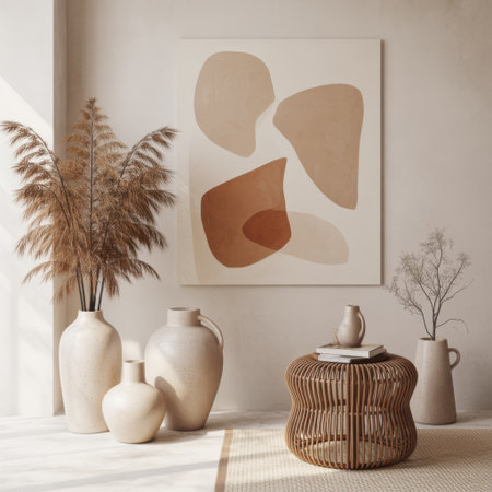 Modern Abstract Art and Natural Decor in a Minimalist Interiorの素材