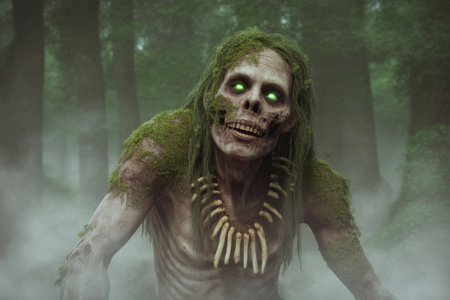 A moss covered zombie shaman with glowing green eyes and a bone necklace emerges from a foggy forest.の素材