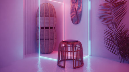 Modern Interior with Woven Decor and Neon Lightingの素材