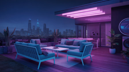 Modern Rooftop Lounge with City Skyline and Neon Lightsの素材