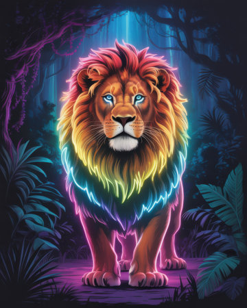 A majestic lion with a rainbow neon mane stands in a dark, lush jungle with glowing blue light filtering from above.の素材