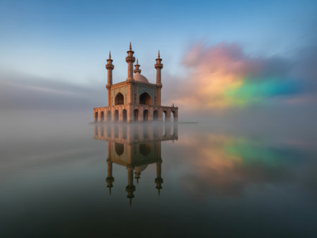 Mystical Mosque in Foggy Waters with Rainbow Huesの素材
