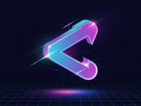 A neon arrow symbol glows with vibrant pink and blue hues against a dark, grid-patterned background.の素材