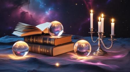 A mystical scene with open books, glowing orbs, and lit candles against a cosmic backdrop.の素材