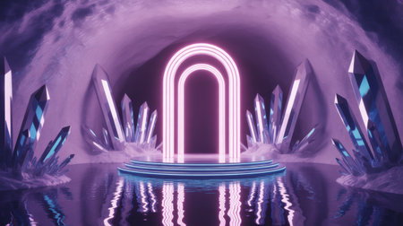 Neon Archway in Crystal Cave with Reflecting Waterの素材