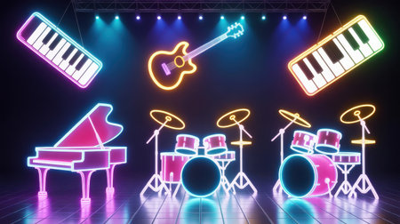 Neon outlines of musical instruments including a grand piano, guitar, drum set, and keyboards glow on a dark stage with colorful spotlights and a reflective floor.の素材