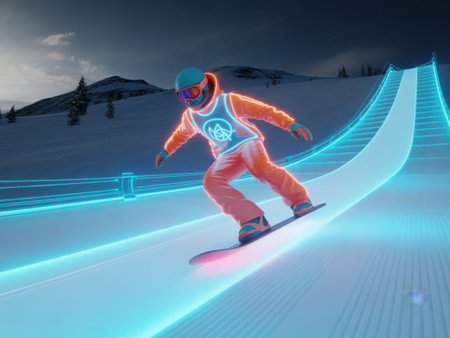 A snowboarder in neon-lit gear rides down a futuristic snow ramp at night.の素材