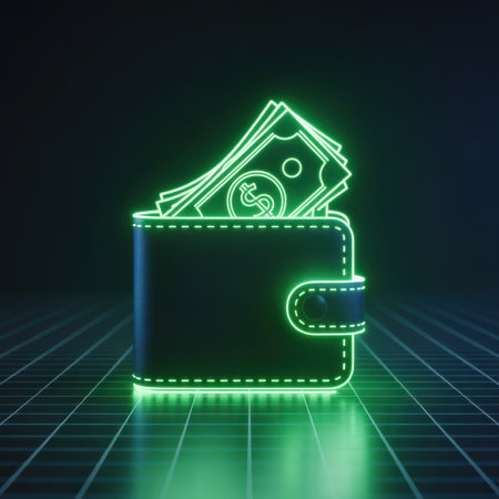 A neon-outlined wallet overflowing with cash sits on a glowing grid surface against a dark background.の素材