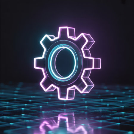 A glowing neon gear symbol in purple and teal hovers above a digital grid, creating a futuristic and technological aesthetic.の素材