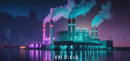 Neon-lit industrial complex at night with smoke plumes over waterの素材