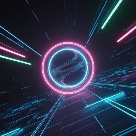 A neon pink and blue ring portal glows in the center, surrounded by streaking cyan and magenta lights against a dark background with a grid floor.の素材