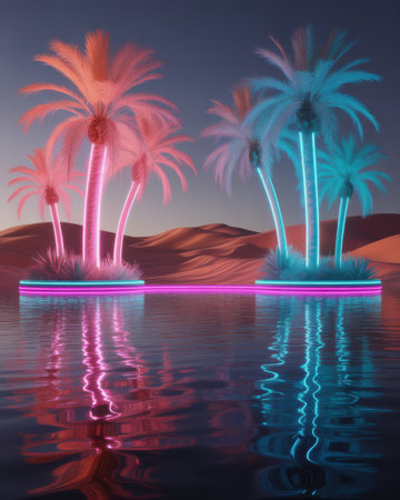 Surreal desert landscape at dusk with neon glowing palm trees on islands in water reflecting pink and blue lights.の素材