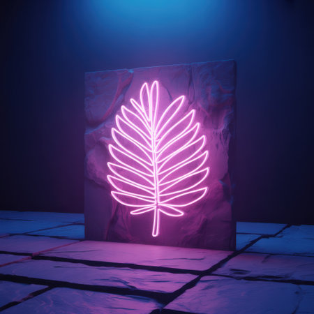 Neon Palm Leaf on Textured Stone in Moody Blue and Pink Lightingの素材