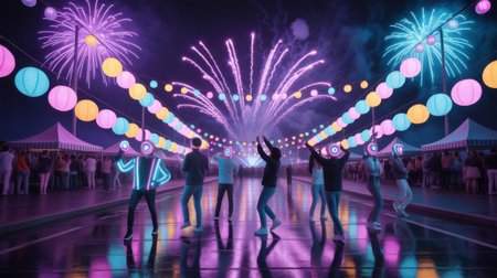 A vibrant night street festival with fireworks illuminating the sky, colorful lanterns strung overhead, and glowing figures dancing on a wet, reflective street.の素材