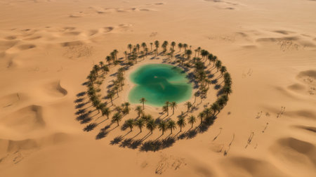 An aerial view of a vibrant turquoise oasis in the desert, surrounded by lush palm trees and golden sand dunes.の素材