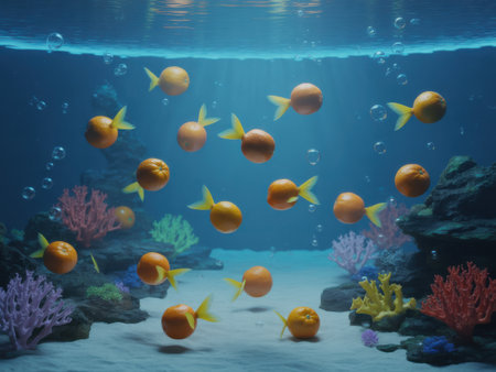 Oranges as Fish Swimming in a Coral Reef Aquariumの素材