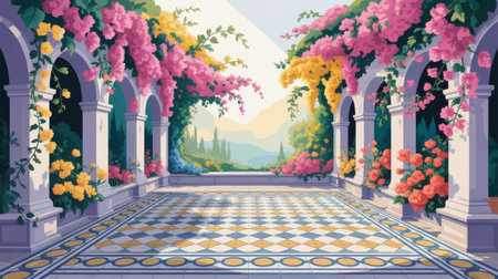 Ornate balcony with white arches and columns adorned with vibrant pink yellow and orange flowers overlooking a serene landscape with rolling hills and trees.の素材