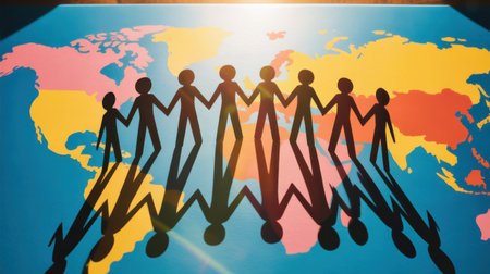 A line of paper chain people holding hands, casting shadows across a vibrant, colorful world map.の素材