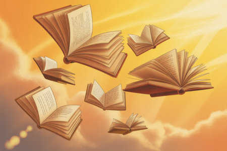 An artistic illustration of several open books flying through a warm, golden sky with visible rays of light.の素材