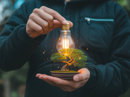 Person holding a lightbulb with a bonsai tree inside, symbolizing nature and ideasの素材