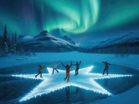People ice skating on a frozen lake under a vibrant aurora borealis, with a star-shaped light display.の素材