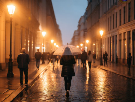 People with umbrellas walk down a wet, illuminated city street at night during a rain shower.の素材