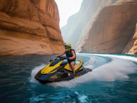A person in a helmet and life vest rides a yellow and black jet ski through a narrow canyon.の素材