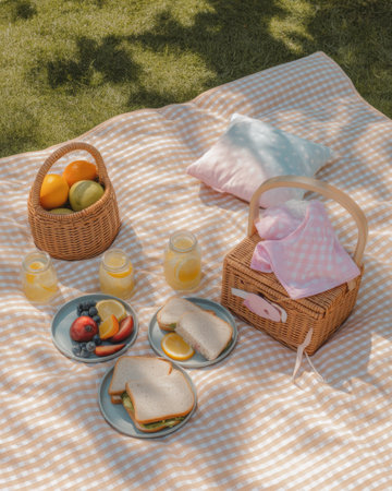 A pastel checkered blanket is laid out on green grass with a picnic spread including fruit, sandwiches, drinks in jars, and a picnic basket.の素材