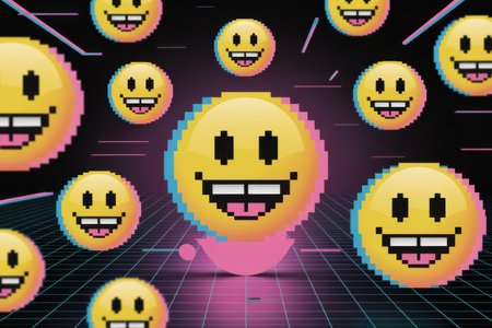 Yellow pixelated smiley faces float in a dark cyberspace with a neon grid and pink blue accents.の素材
