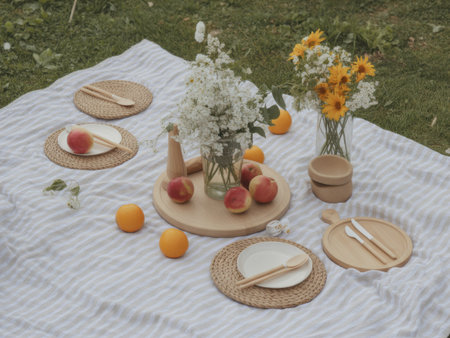 A charming picnic setup on a striped blanket with fresh fruit, flowers, and wooden tableware.の素材