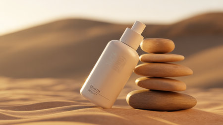 A white cosmetic bottle stands beside a stack of smooth, balanced stones on rippling sand dunes under warm, soft light.の素材