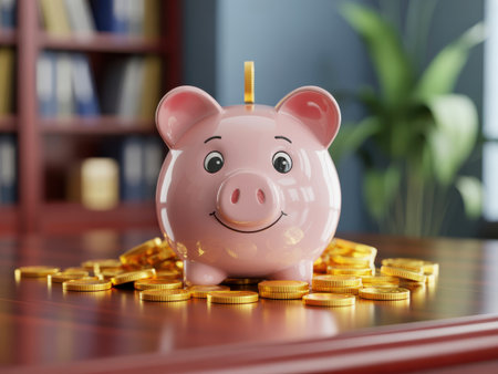 A pink piggy bank sits on a wooden desk surrounded by gold coins, symbolizing savings and wealth.の素材