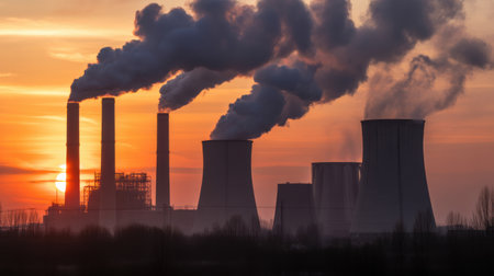Power Plant Smokestacks Emitting Smoke Against a Sunset Skyの素材