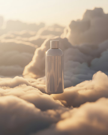 A smooth white cosmetic bottle rests on soft, fluffy clouds bathed in the warm glow of a sunset.の素材