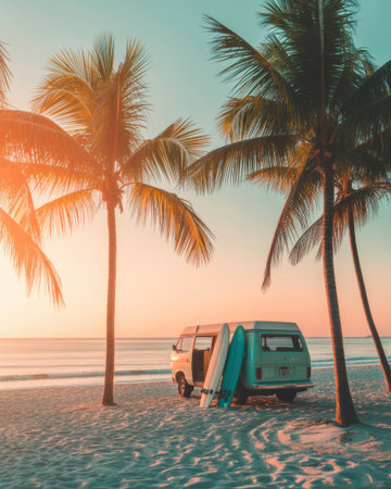 A retro van and surfboards sit on a sandy beach with palm trees silhouetted against a soft orange and blue sunset sky over the ocean.の素材
