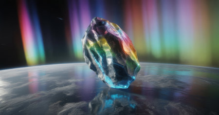 Rainbow Crystal Asteroid Floats Above Earth Under Aurora Borealisの素材