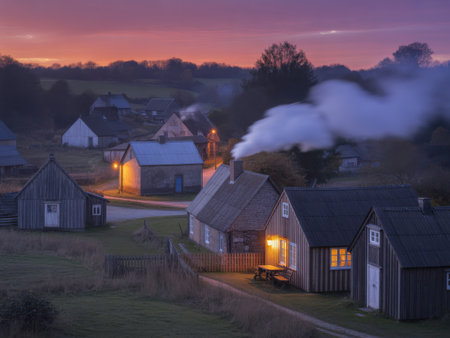 A peaceful rural village at dusk, with smoke billowing from chimneys and warm lights glowing in windows.の素材