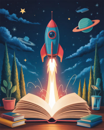 A rocket blasts off from an open book into a starry night sky, symbolizing imagination and learning.の素材