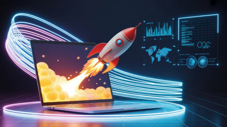 A rocket blasts off from a laptop screen, surrounded by glowing neon lights and futuristic data visualizations.の素材